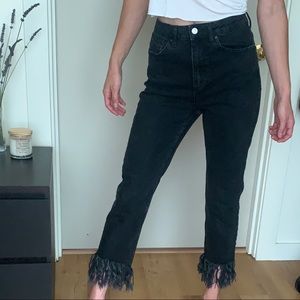 Topshop MOTO black high rise jeans with fringe hem